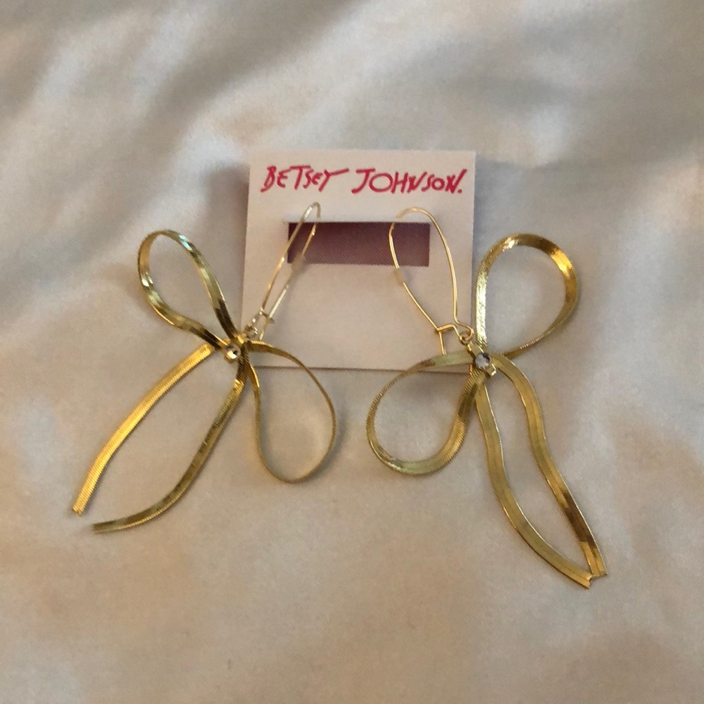 Betsey Johnson Gold Tone Statement Bow Drop Earrings Crystal Accent NWT